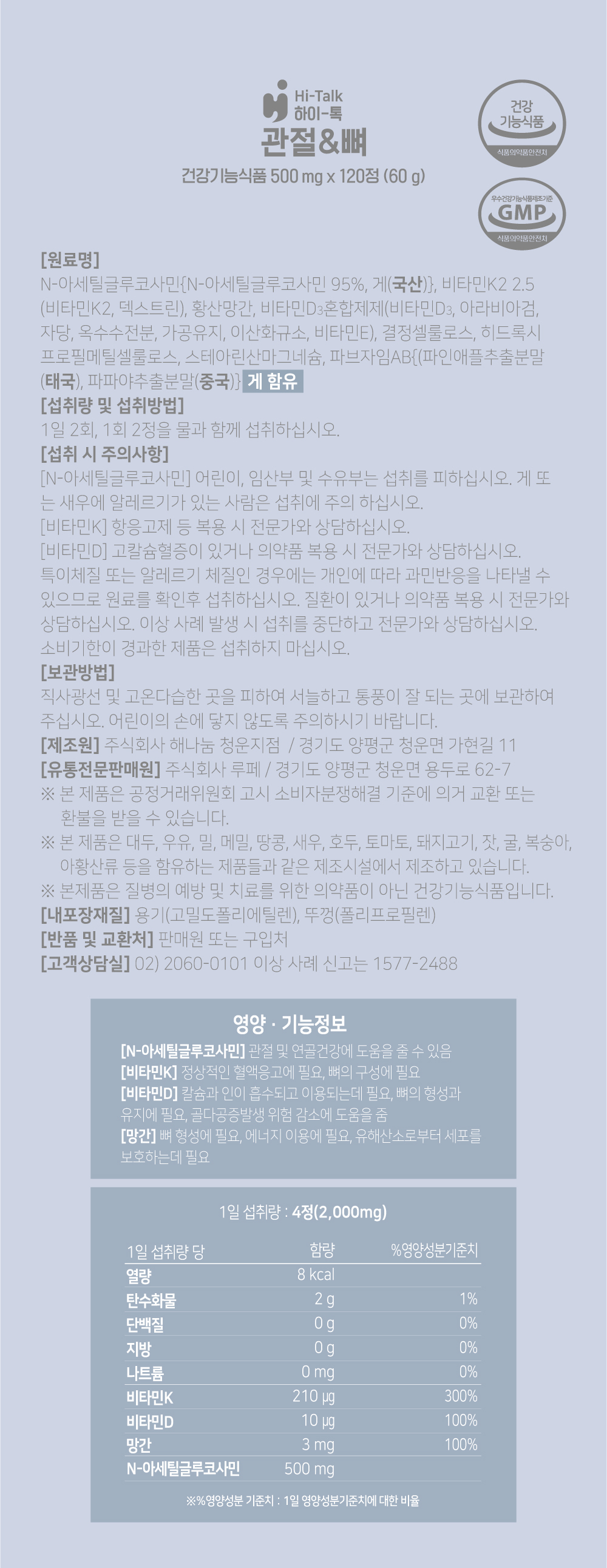 하이톡 관절&뼈 제품의 원료 정보, 섭취 시 주의사항, 영양기능 정보와 1일 섭취량 상세표