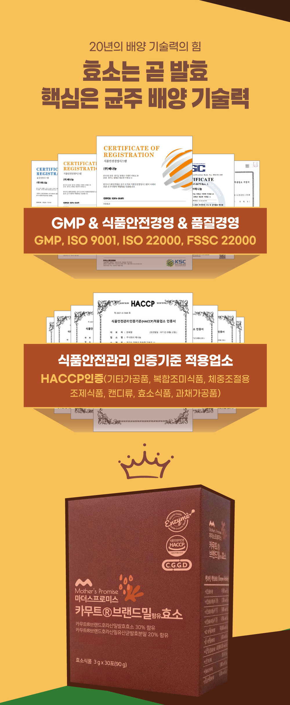 마더스프로미스 카무트효소, 20년 발효·균주 배양 기술과 GMP·ISO·HACCP 인증으로 안전하게 제조한 건강기능식품