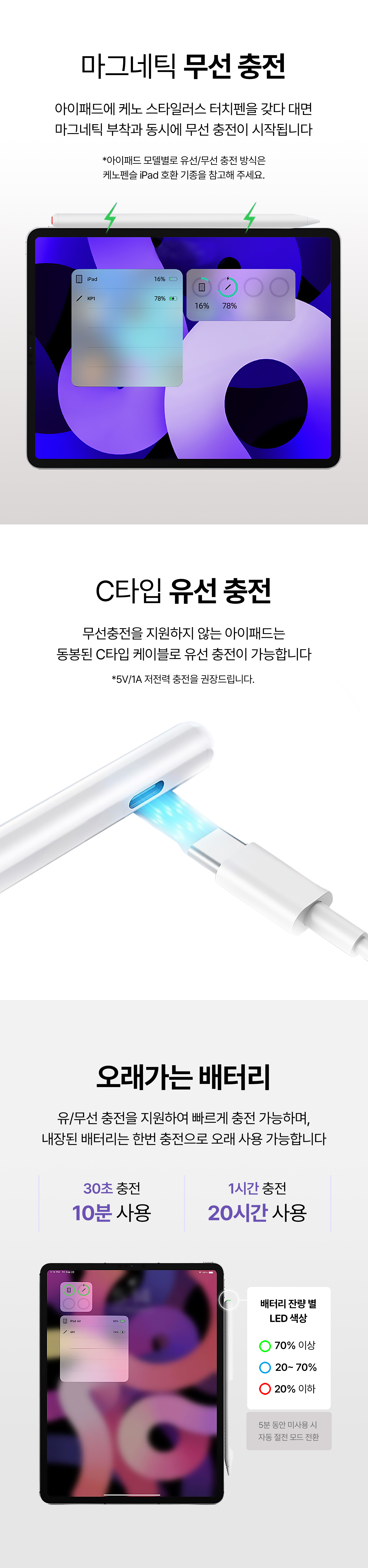 케노 애플펜슬1세대2세대 호환 스타일러스 아이패드 터치펜 무선충전 상세 이미지 3
