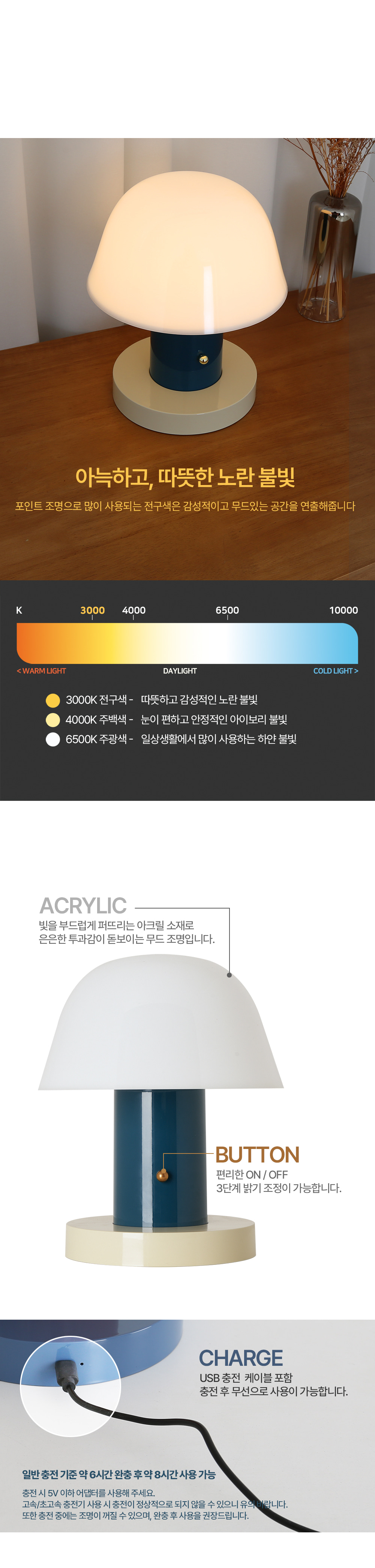 LED 캐리 무선 단 스탠드 3W 머쉬룸 버섯 스텐드 무드등 집들이선물 침대 침실 독서등 이미지 4
