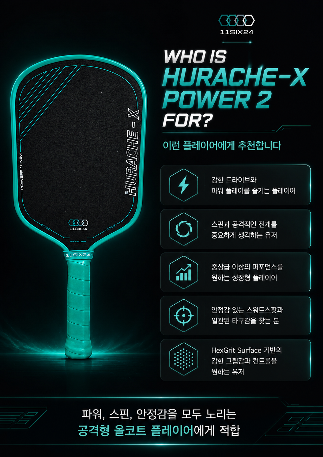 11SIX24 일레븐식스24 Hurache-X Power 2 엘롱게이티드 16mm 피클볼 패들 · 6