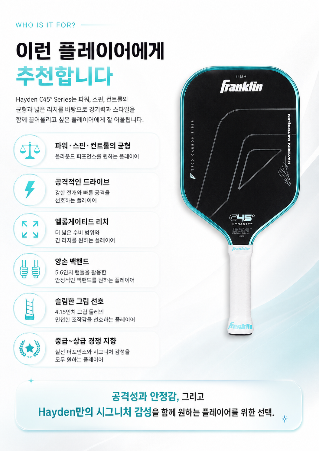 Franklin 프랭클린 Hayden Patriquin 헤이든 패트리퀸 C45° 14mm·16mm 엘롱게이티드 피클볼 패들 · 8