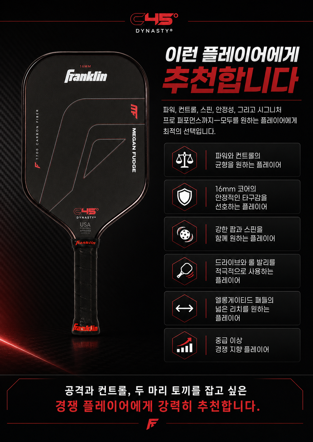 Franklin 프랭클린 Megan Fudge 메건 퍼지 C45° 14mm 16mm 엘롱게이티드 피클볼 패들 · 7