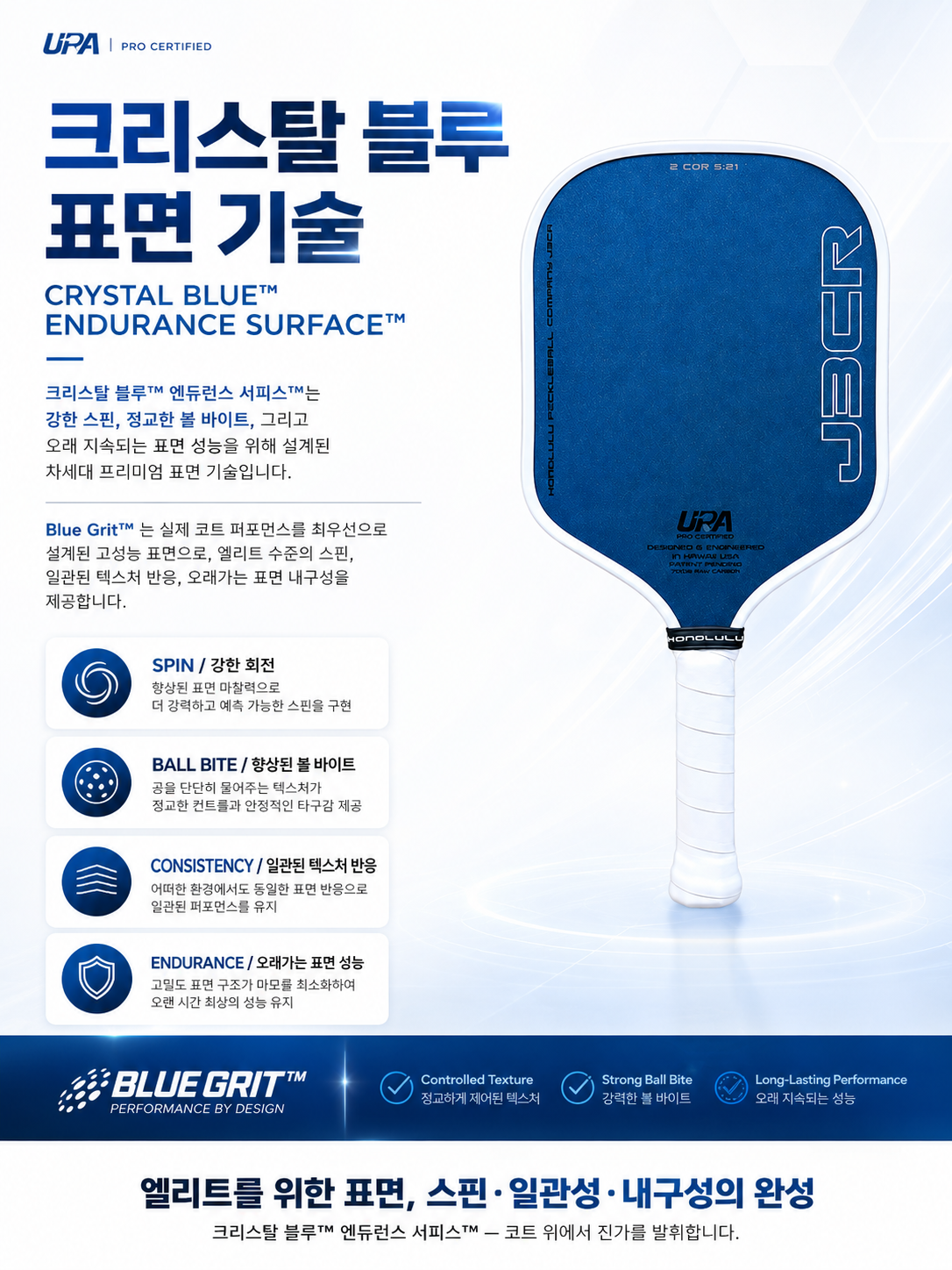 HONOLULU 호놀룰루 J3CR 크리스탈 블루 엔듀어런스 그릿 피클볼 패들 · 5