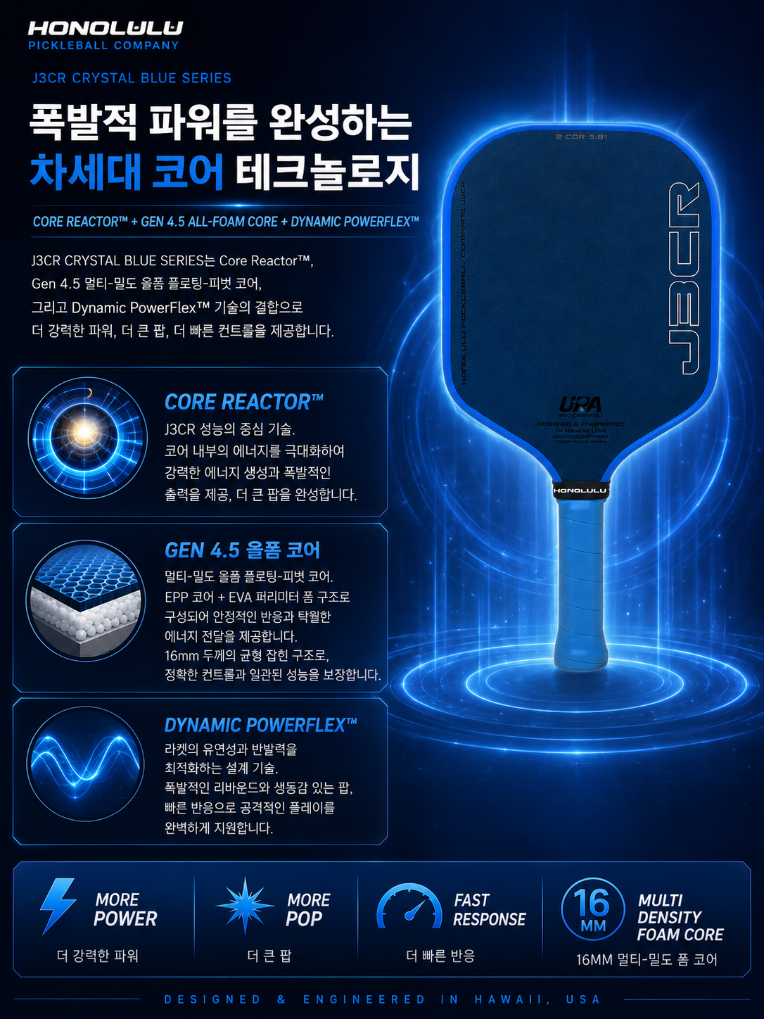 HONOLULU 호놀룰루 J3CR 크리스탈 블루 엔듀어런스 그릿 피클볼 패들 · 6