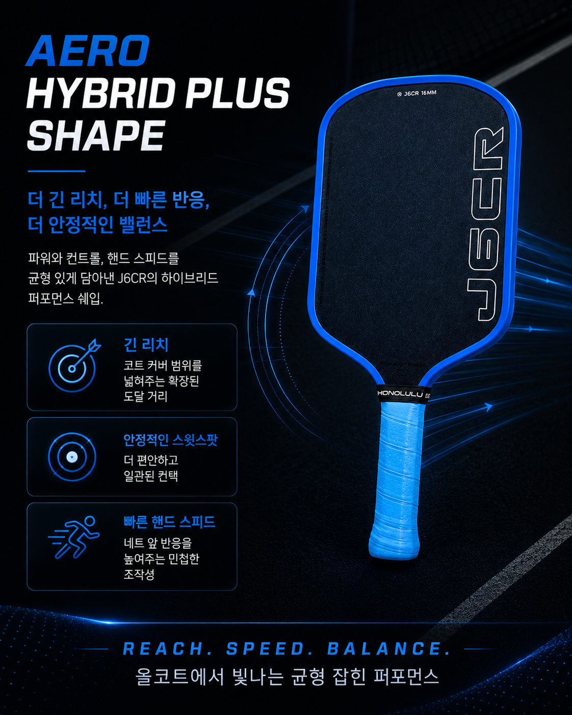 HONOLULU 호놀룰루 J6CR 크리스탈 블루 엔듀어런스 그릿 피클볼 패들 · 5