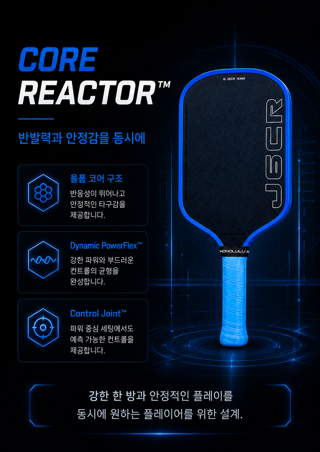 HONOLULU 호놀룰루 J6CR 크리스탈 블루 엔듀어런스 그릿 피클볼 패들 · 6
