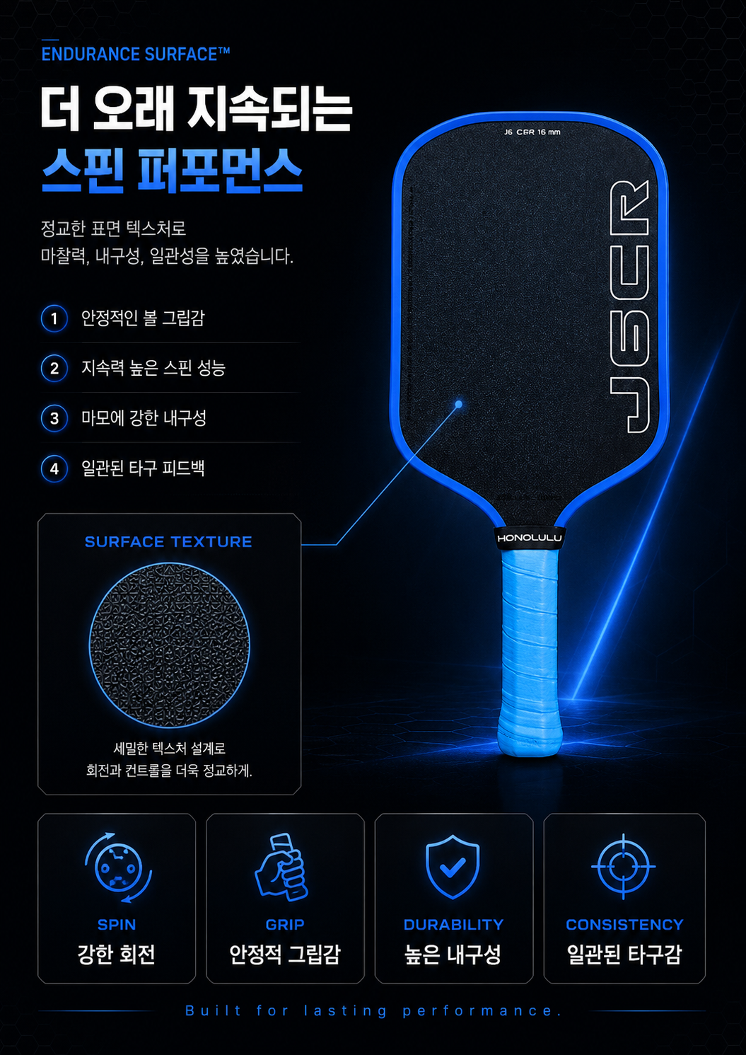 HONOLULU 호놀룰루 J6CR 크리스탈 블루 엔듀어런스 그릿 피클볼 패들 · 7