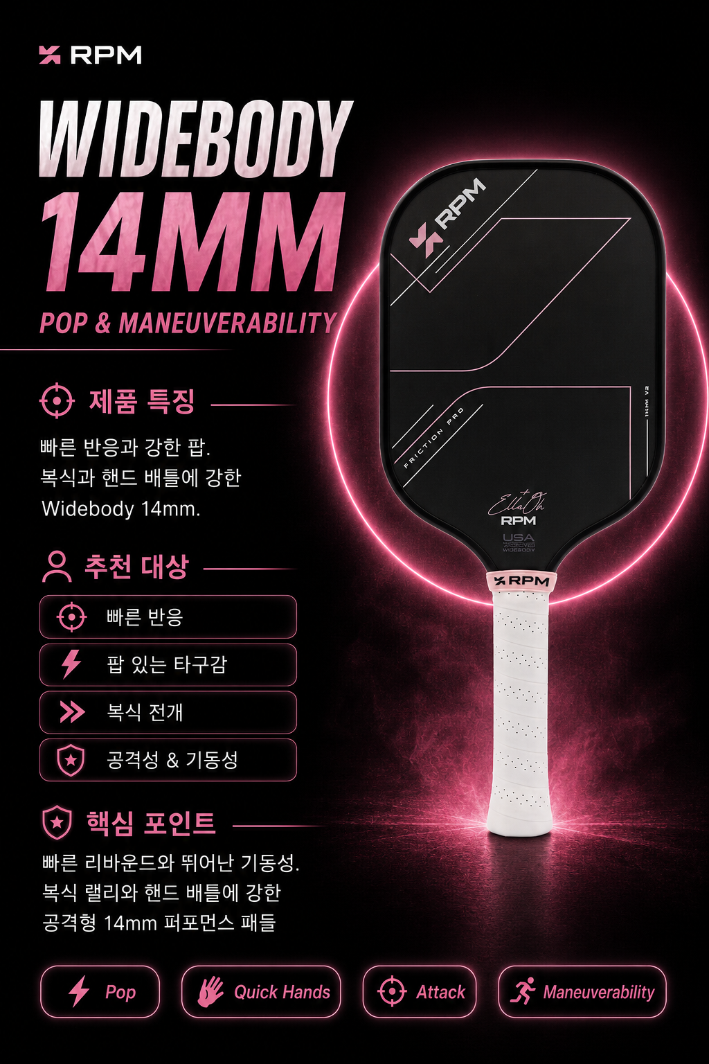 RPM FRICTION V2 Ella Oh PINK 14mm 피클볼 패들 · 8