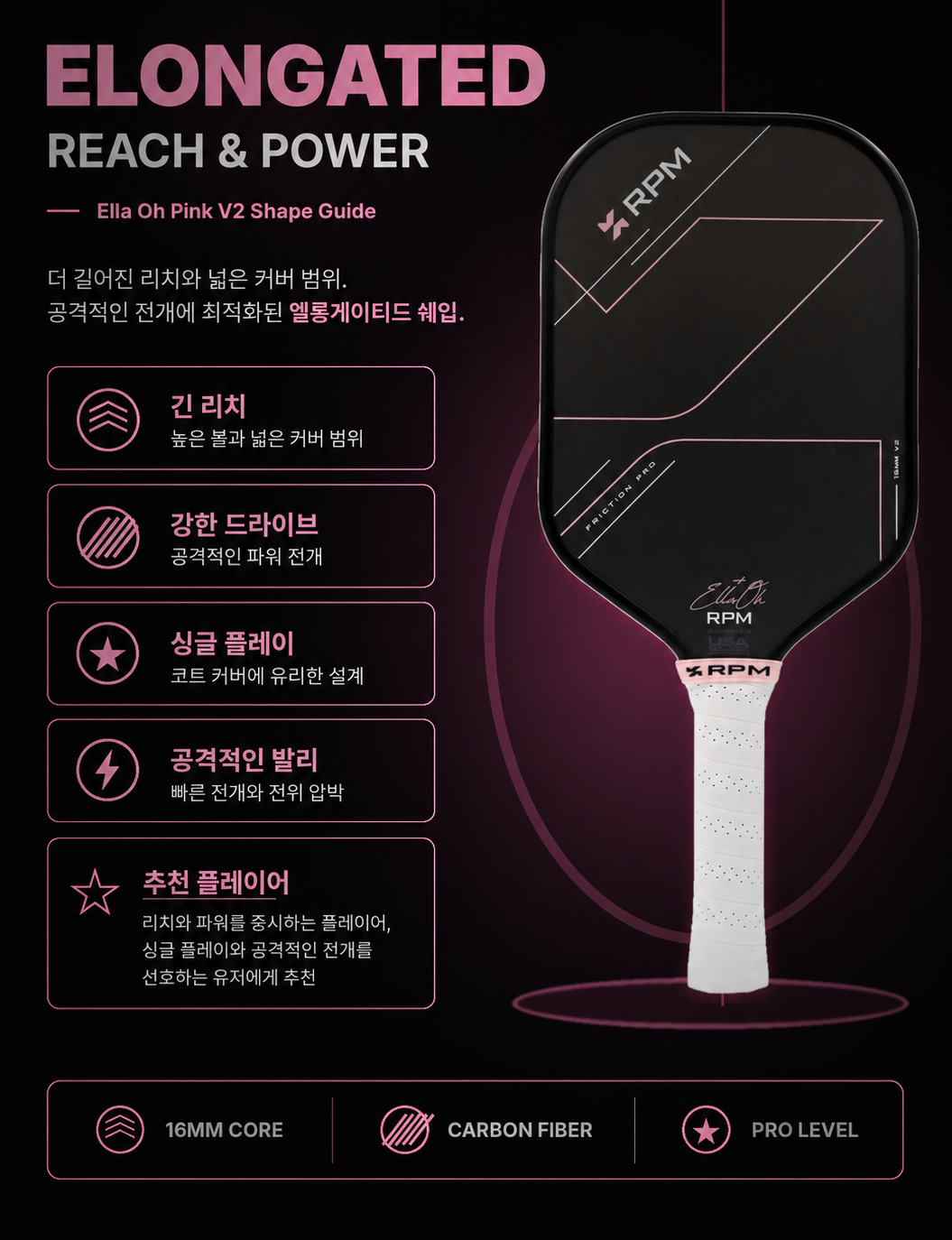 RPM FRICTION V2 Ella Oh PINK 16mm 피클볼 패들 · 9