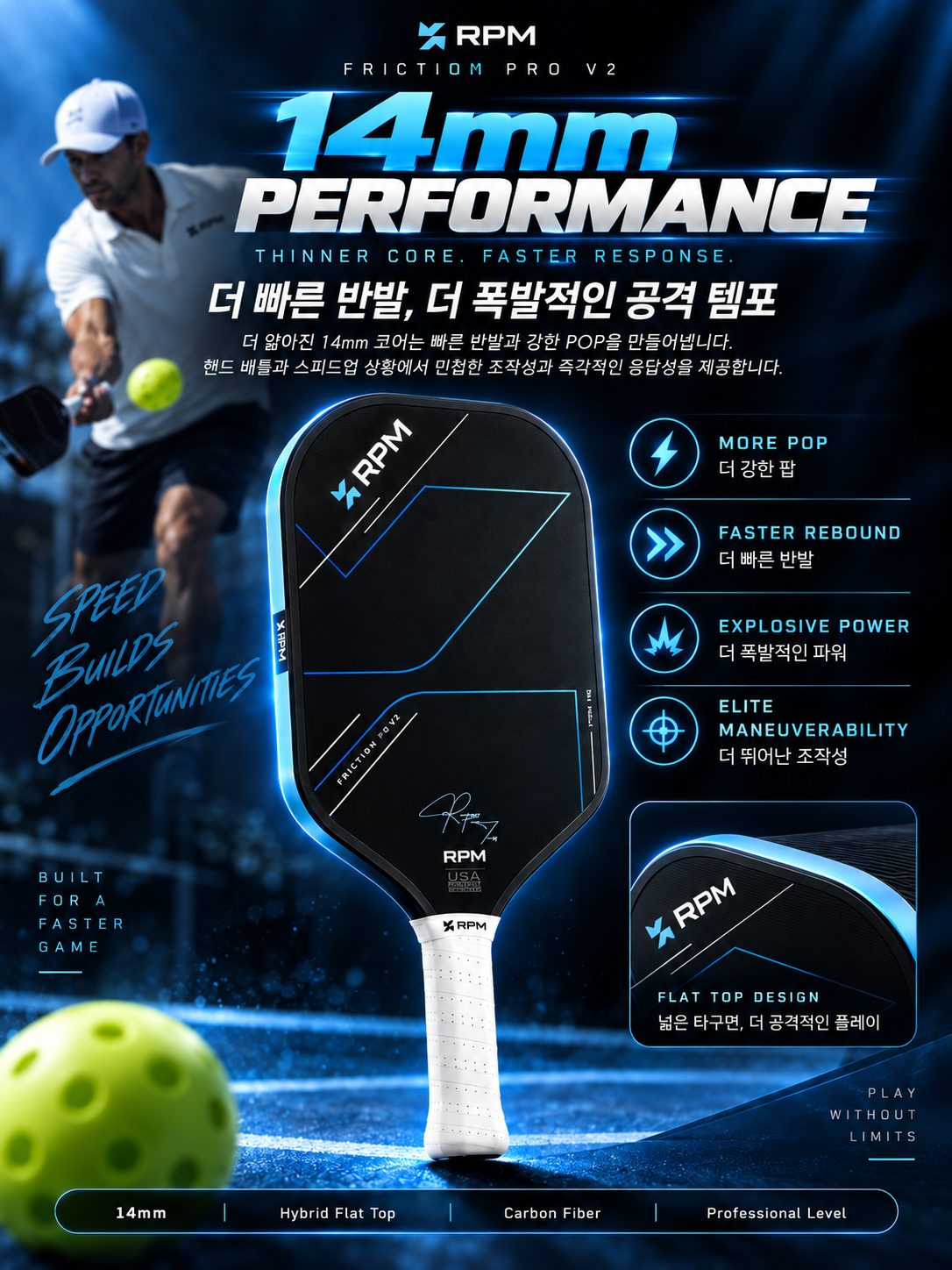 RPM Friction Pro V2 14mm 하이브리드 플랫탑 피클볼 패들 · 6