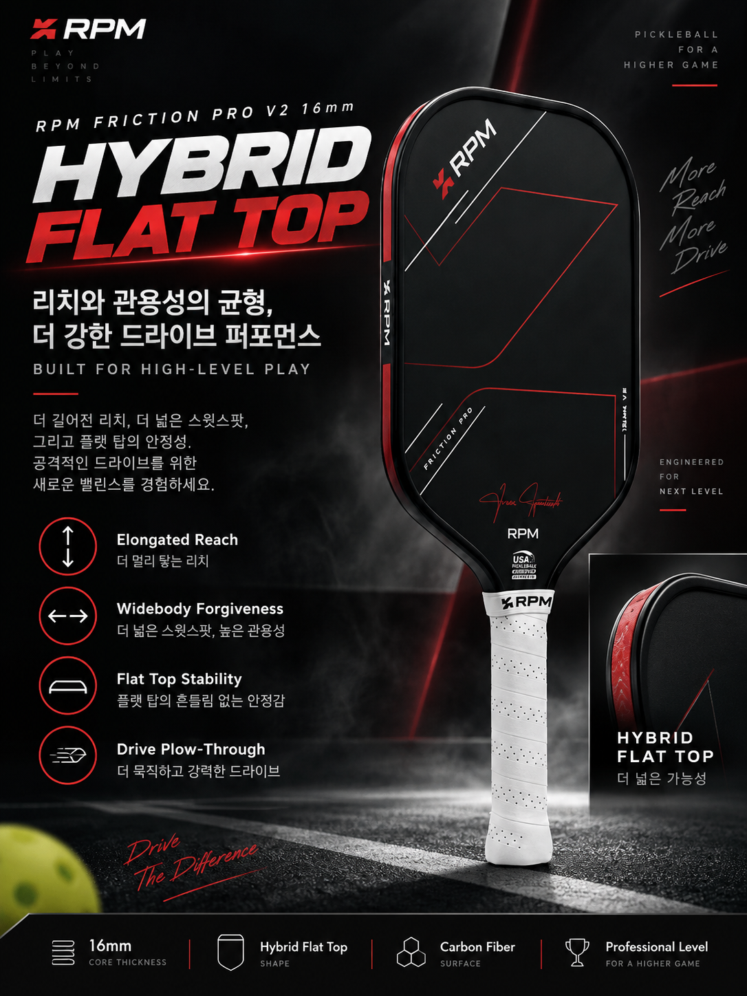 RPM Friction Pro V2 16mm 하이브리드 플랫탑 피클볼 패들 · 3