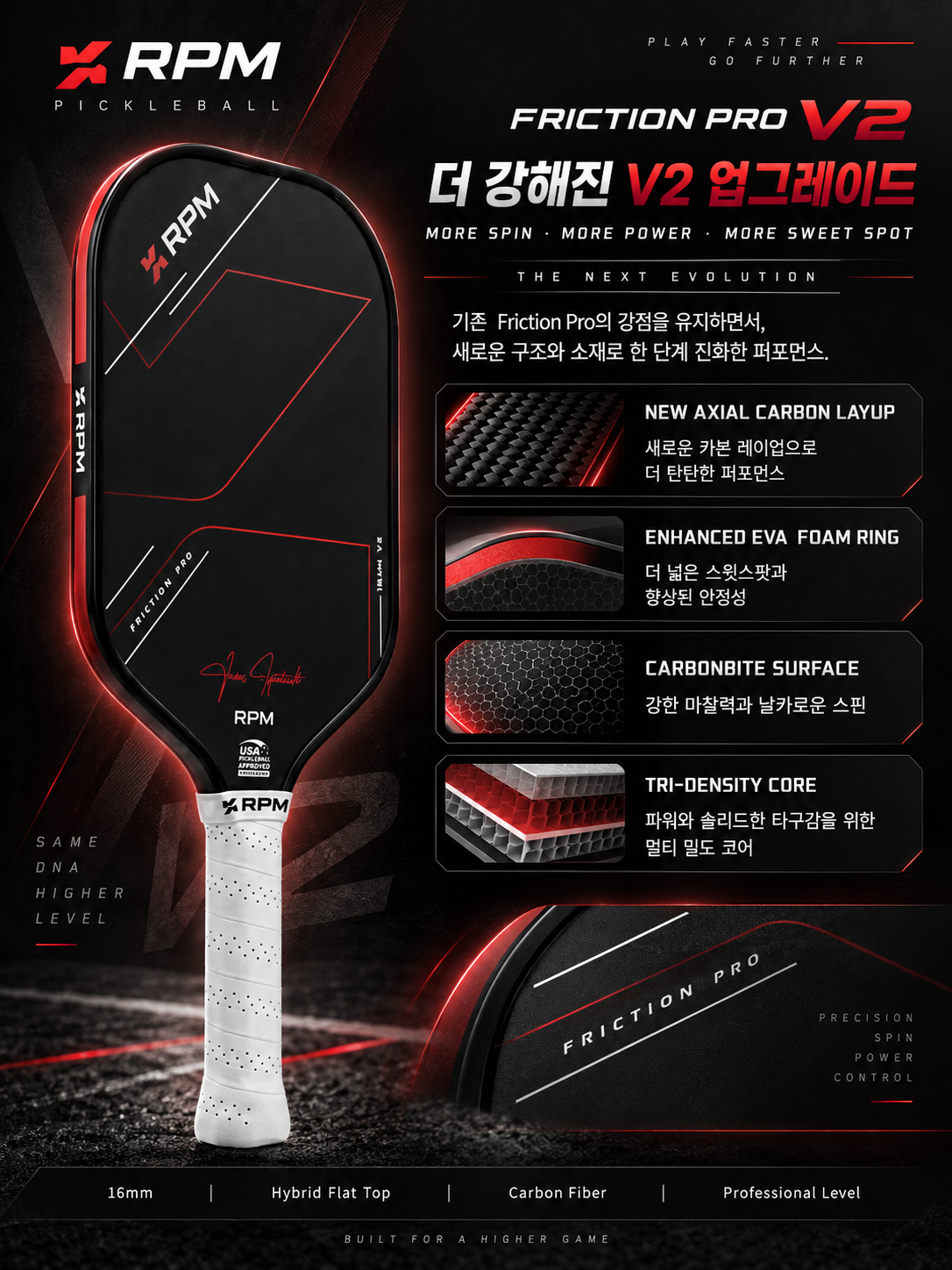 RPM Friction Pro V2 16mm 하이브리드 플랫탑 피클볼 패들 · 6