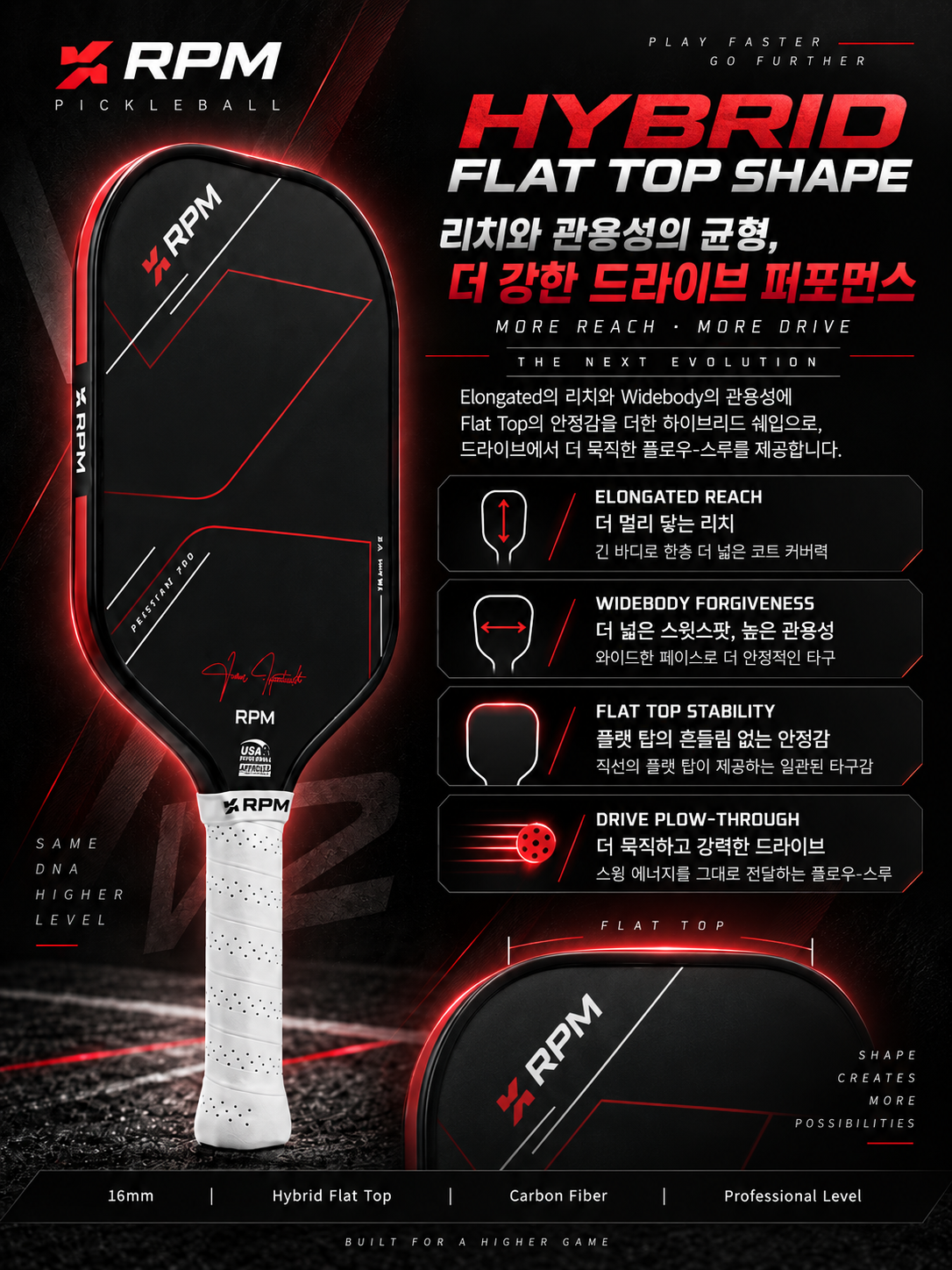 RPM Friction Pro V2 16mm 하이브리드 플랫탑 피클볼 패들 · 8