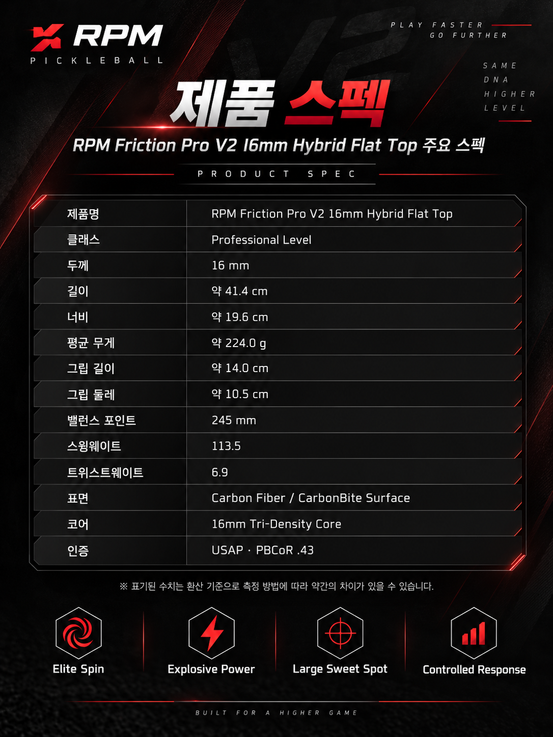 RPM Friction Pro V2 16mm 하이브리드 플랫탑 피클볼 패들 · 9