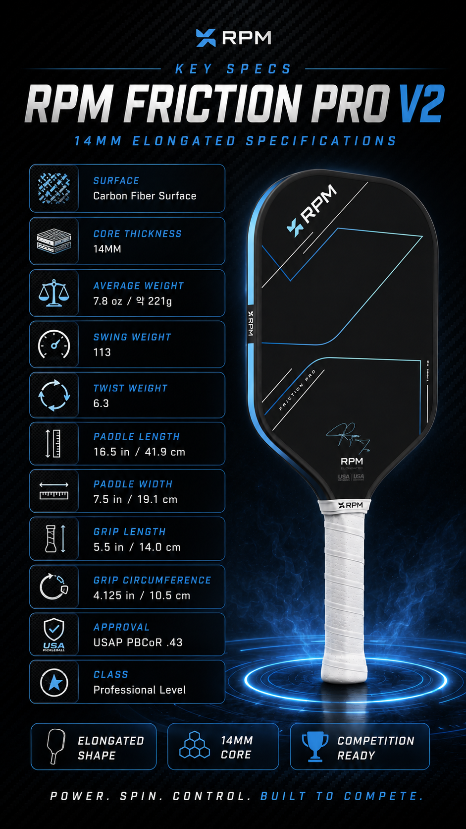 스포모티브 RPM FRICTION PRO 14mm Elongated V2 피클볼 패들 · 7