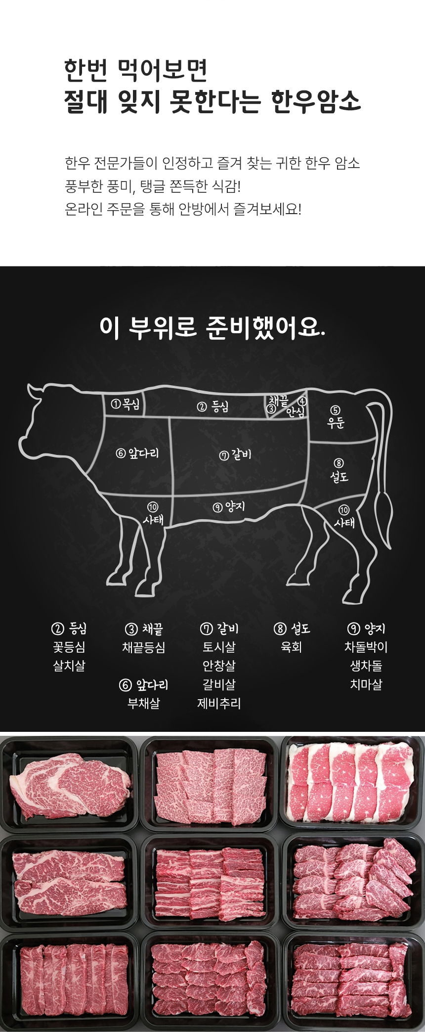 국내산 1+ 한우 암소 소고기 특수부위 모음 200g 구이용 꽃등심 안창살 토시살 살치살 갈비살 안심 육회 생차돌