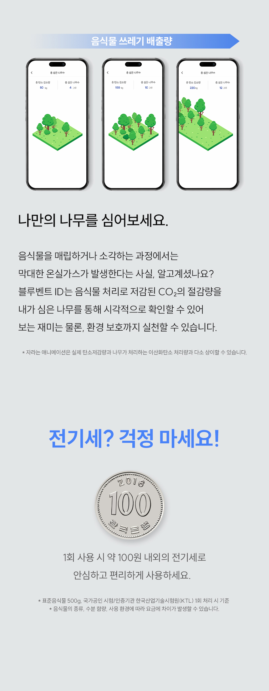 블루벤트 ID 앱 나무 심기 기능(탄소 저감량 시각화) 및 전기세 1회 약 100원