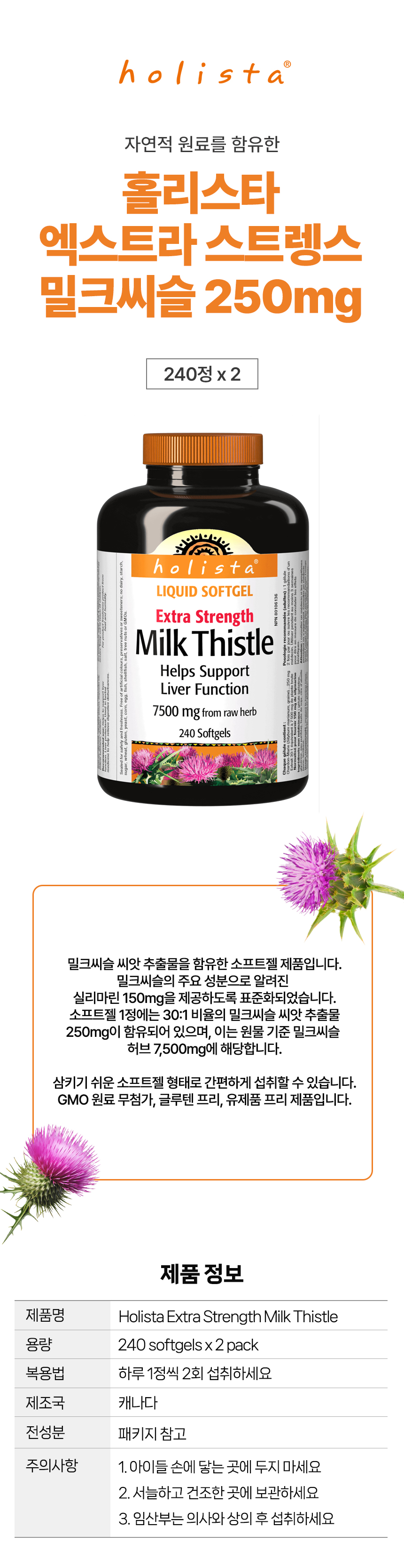 홀리스타 엑스트라 스트렝스 밀크씨슬 250mg 240정x2개입 캐나다 코스트코