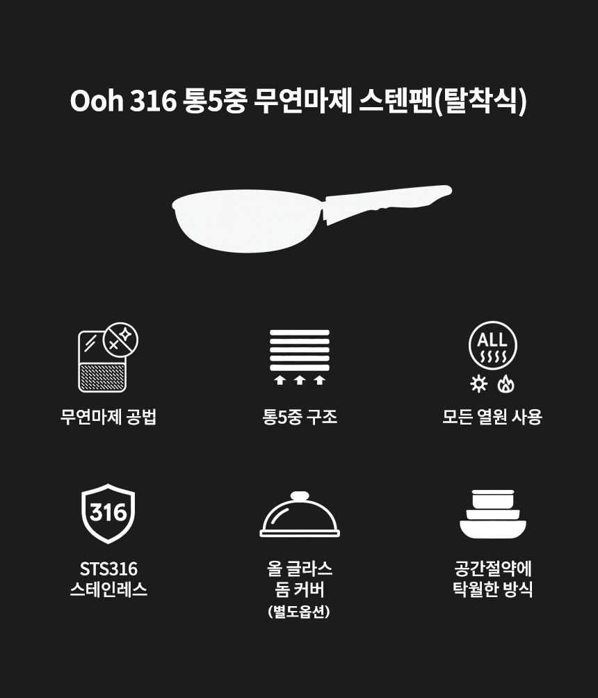 실버스타 316 통오중 인덕션 무연마제 탈착식 스텐팬 6종