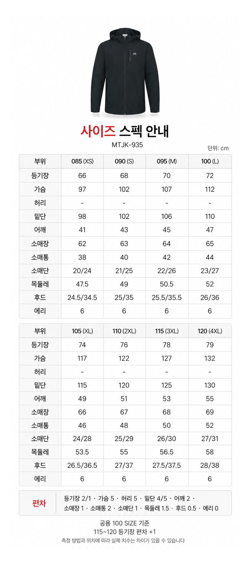 밀레 올 데이 컴포트 자켓 MTJK-935 상세 사이즈 스펙 안내표