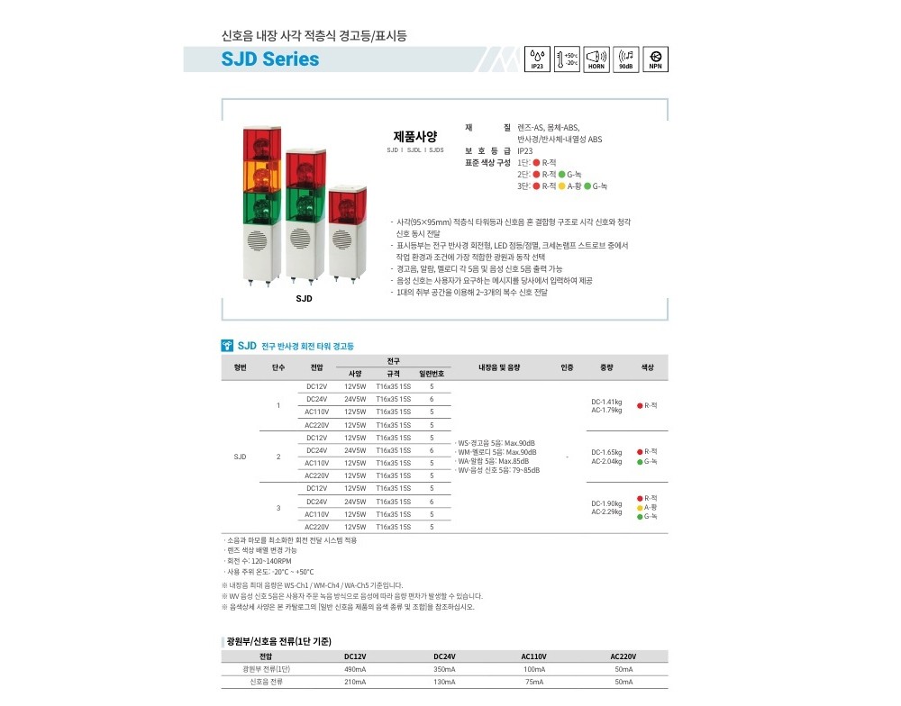 큐라이트 SJD-3 신호음 내장 전구형 회전 사각 경고등 3단 (IRU0805)
