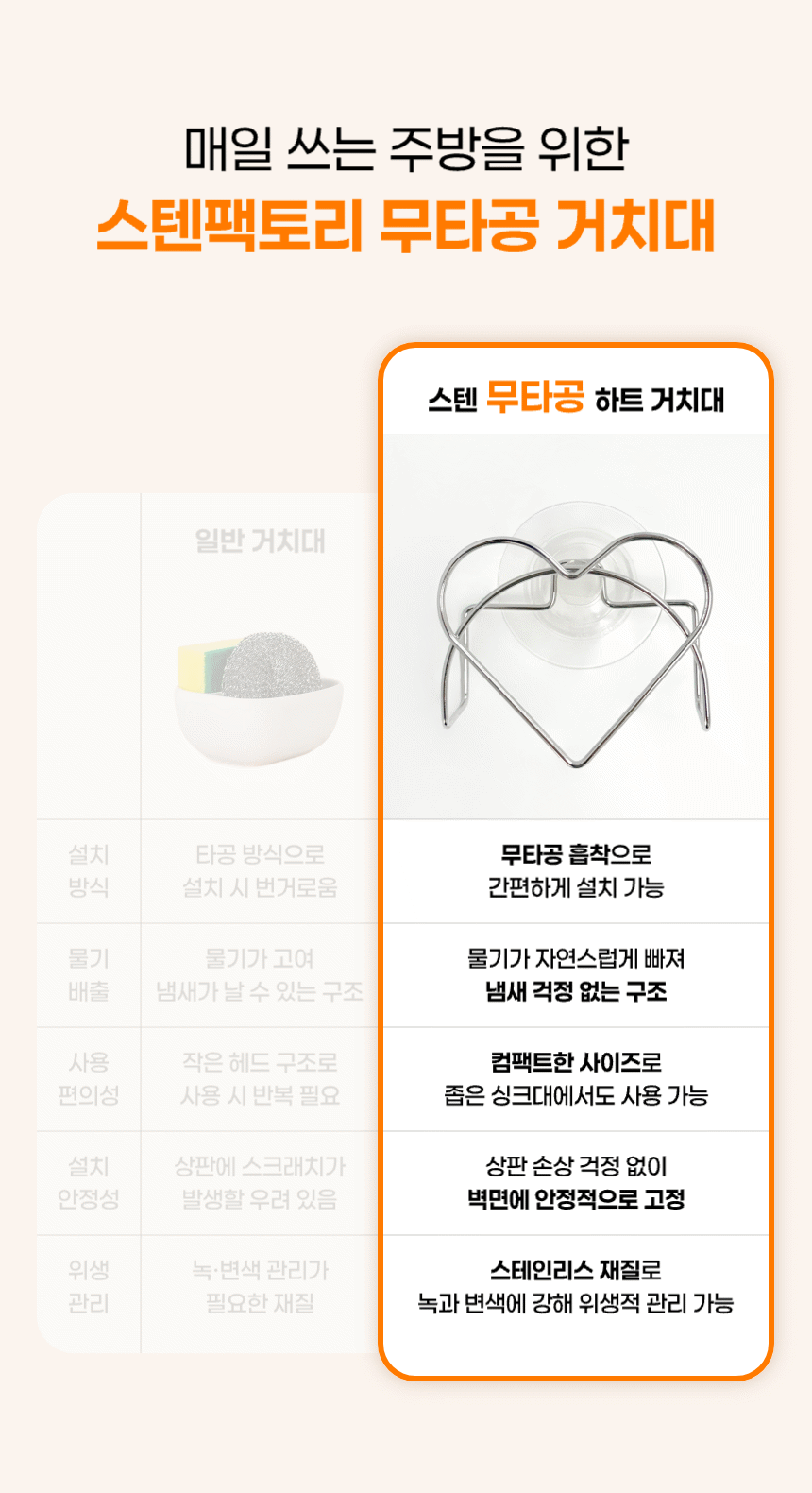 스텐 흡착식 하트 수세미걸이 상세 이미지 7